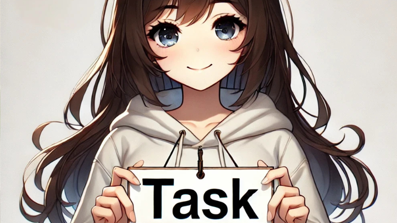 課題の看板を持った女の子