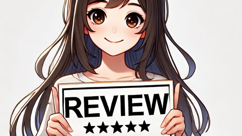 レビューの看板を持つ女の子